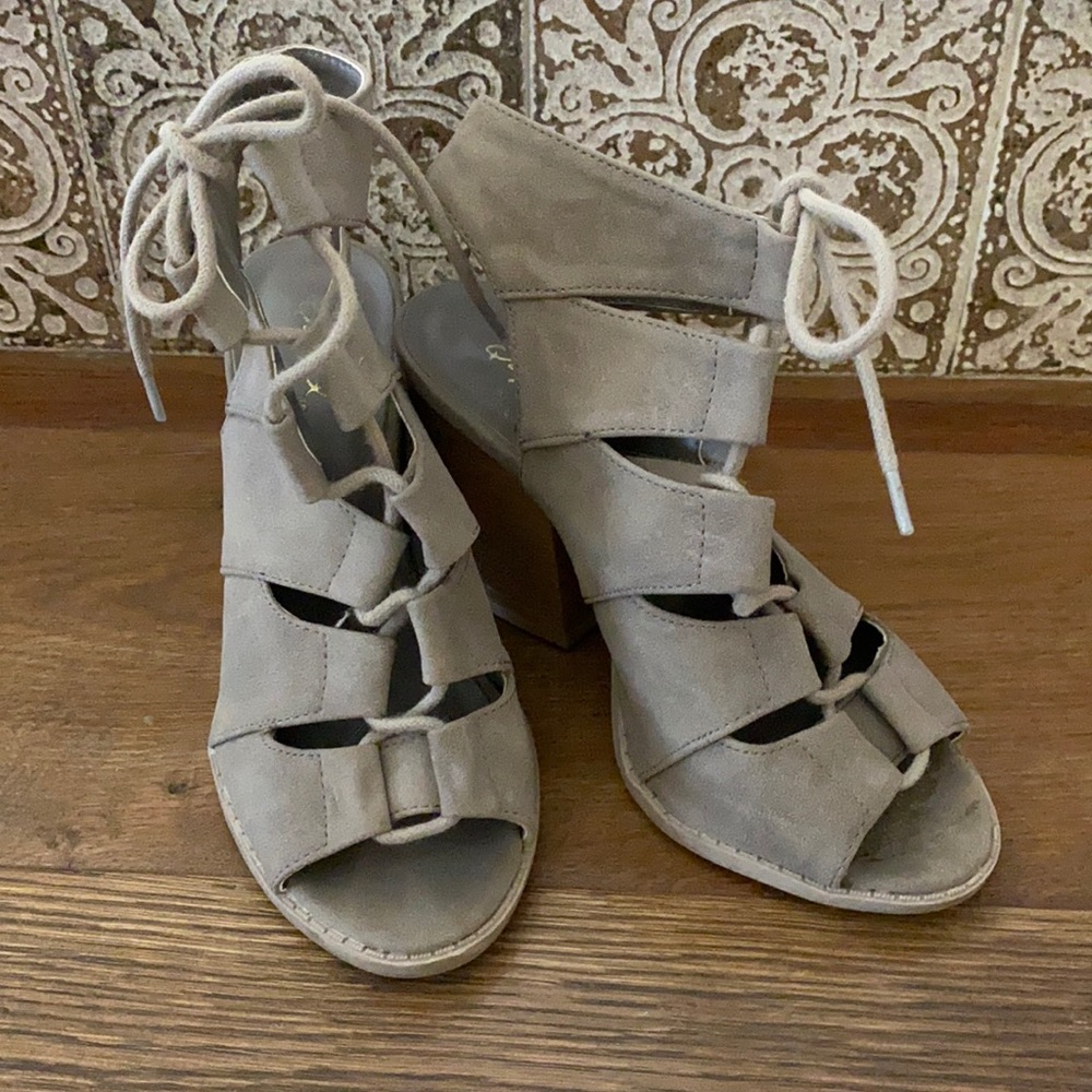 Qupid lace-up taupe sandal/bootie stacked heel